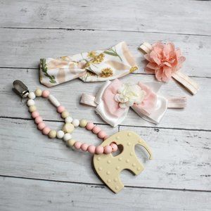 Baby Girl Elephant Beaded Silicone Teether Clip Headband Lot Pink White